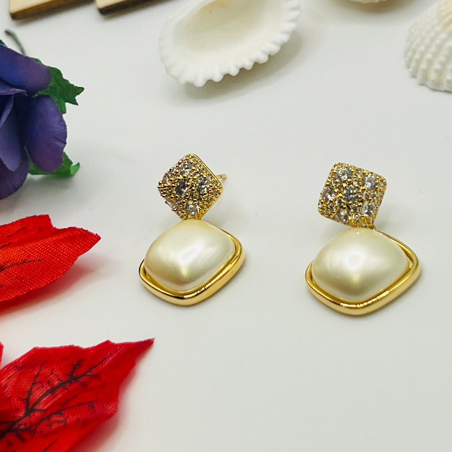 White Square Pearl Zirconia Drop Earrings