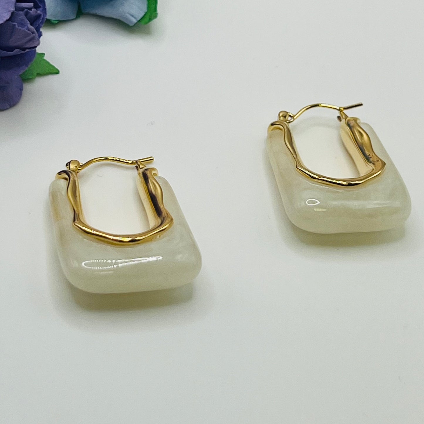 White Pillar Gold Plated Huggie Earrings