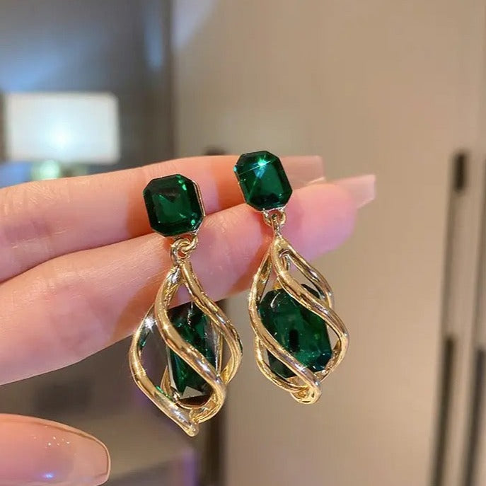 Green Multi Shapes Gold Drop Earrings