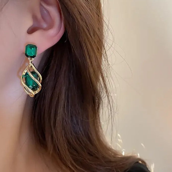 Green Multi Shapes Gold Drop Earrings
