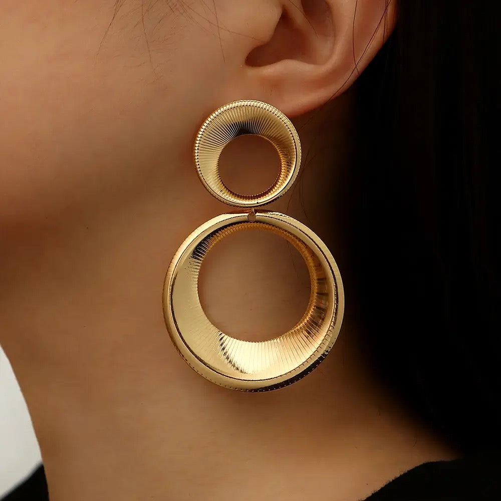 Gold Dual Open Circle Drop Earrings