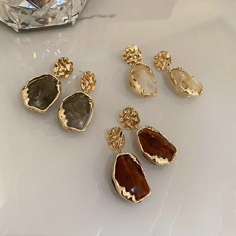 White Stone Textured Gold Drop Earrings