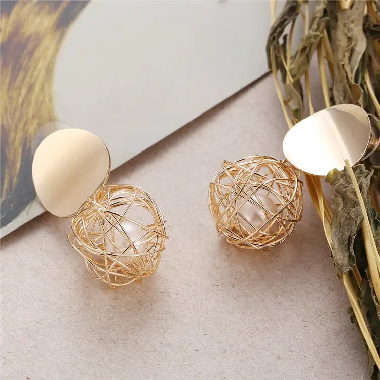 Pearl Nest Gold Drop Earrings