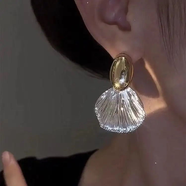 Parallel leaves gold drop earrings with 925 sterling silver post