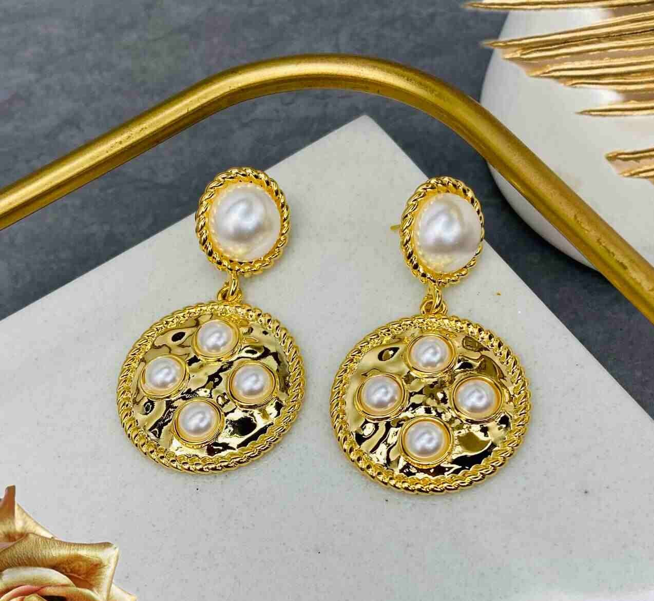 White Pearls Texture Plate Drop Earrings with 925 Sterling Silver Post