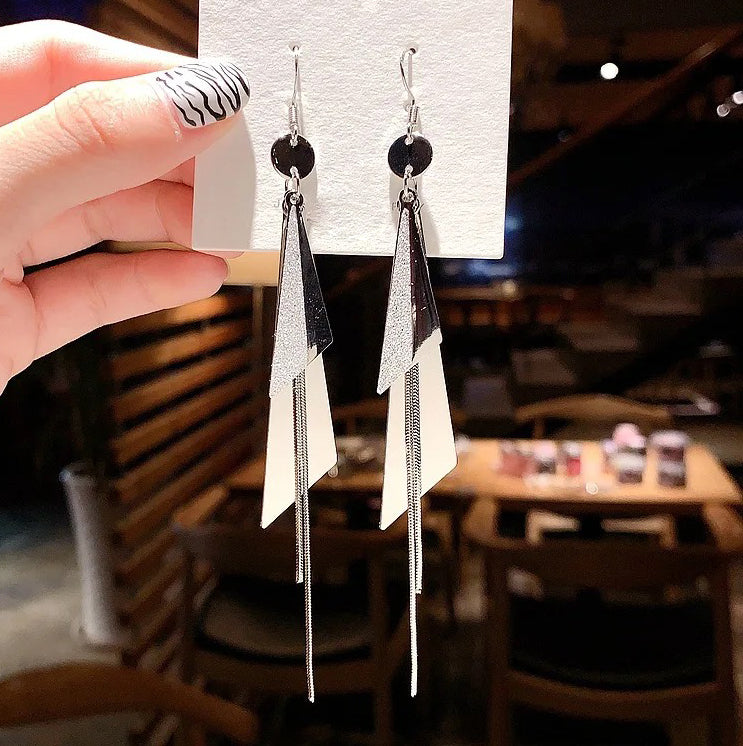 Silver Triangles and Chain Dangle Drop Earrings