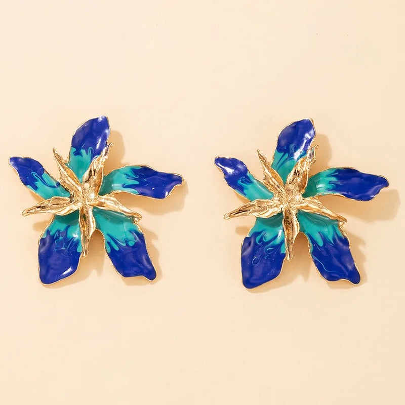 Blue Multi Leaves Gold Floral Stud Earrings