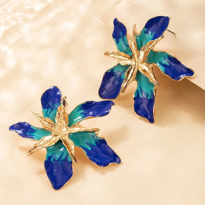 Blue Multi Leaves Gold Floral Stud Earrings