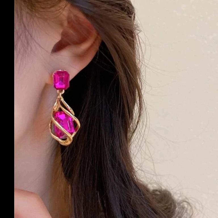 Pink Trendy Twisted Crystal Water Drop Earring