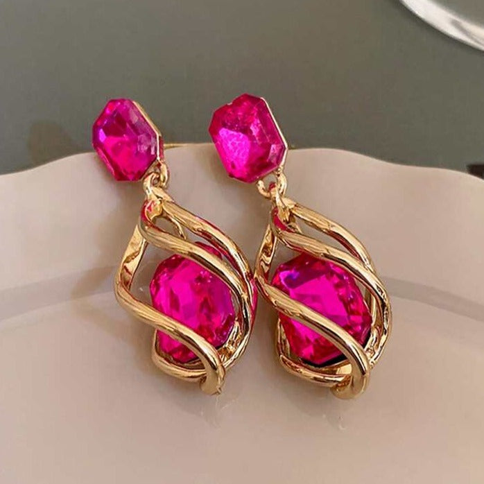Pink Trendy Twisted Crystal Water Drop Earring