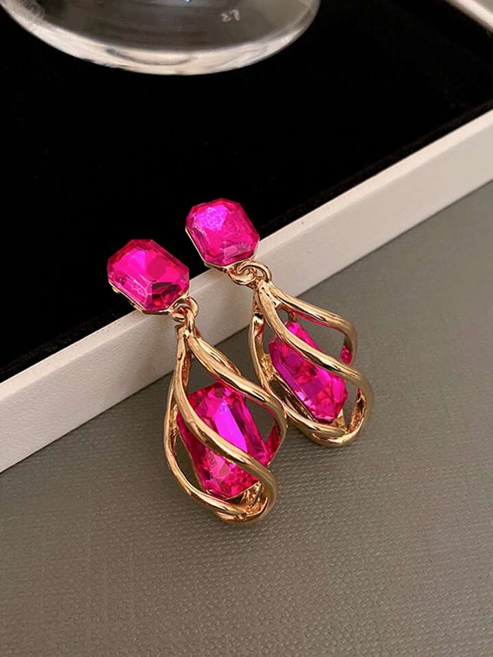 Pink Trendy Twisted Crystal Water Drop Earring