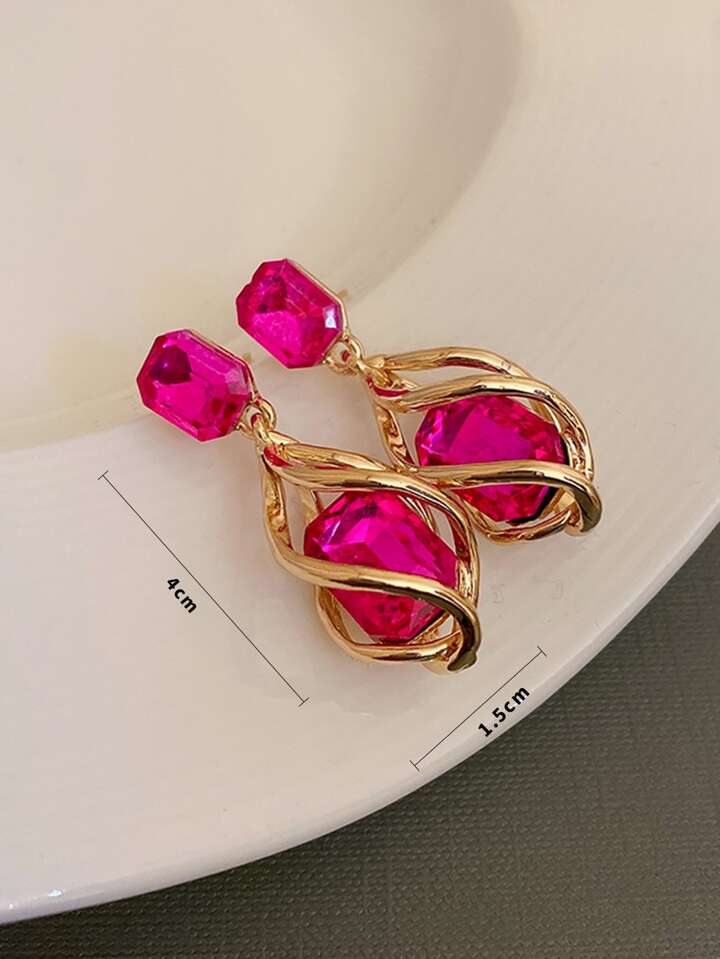 Pink Trendy Twisted Crystal Water Drop Earring