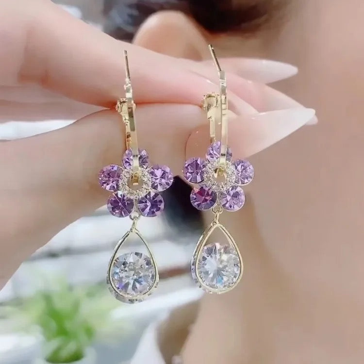Trendy Crystal Flower Amethyst Diamond Drop Earring