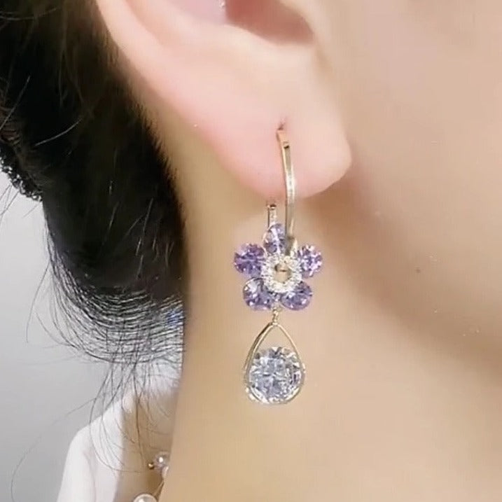 Trendy Crystal Flower Amethyst Diamond Drop Earring