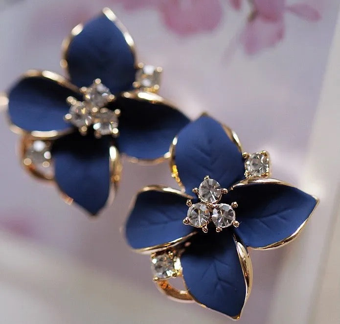Navy Blue Gold Zircon Flower Stud Earrings