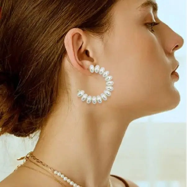 White Pearls Beaded Hoop Earrings with 925 Sterling Silver Post