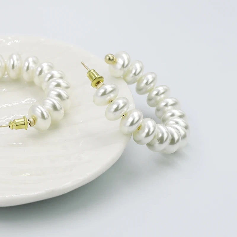 White Pearls Beaded Hoop Earrings with 925 Sterling Silver Post