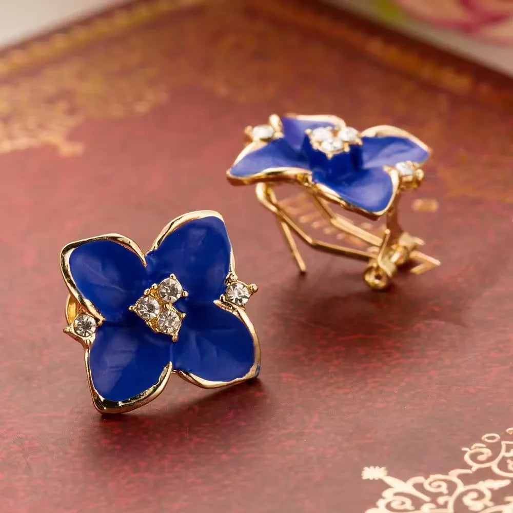 Navy Blue Gold Zircon Flower Stud Earrings