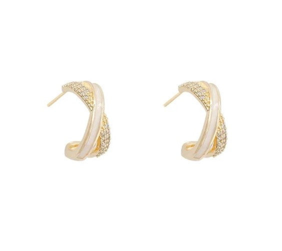 Gold Zirconia Pearly Huggie Earrings