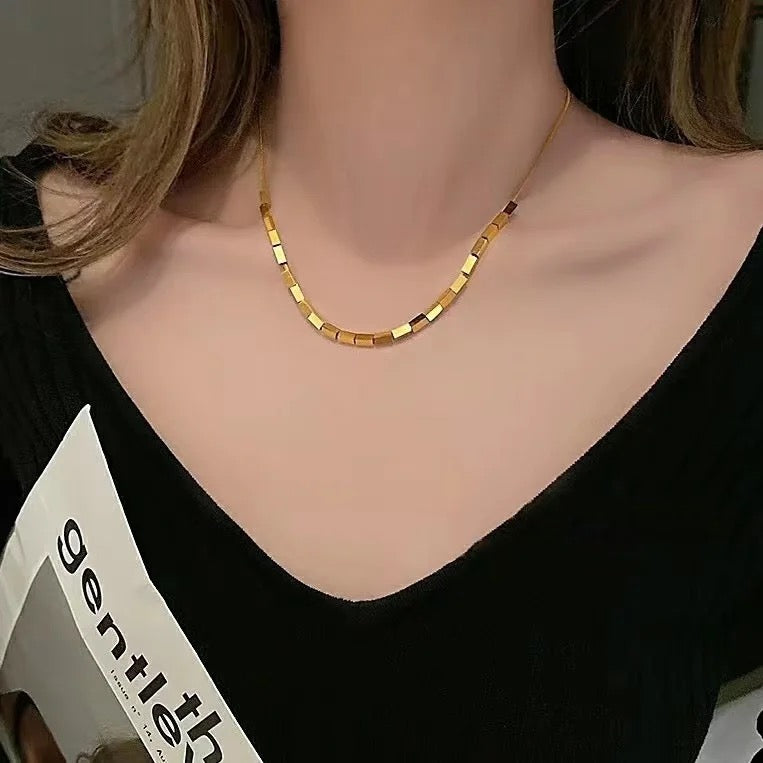 Gold Plated Block Beads Pendant Necklace