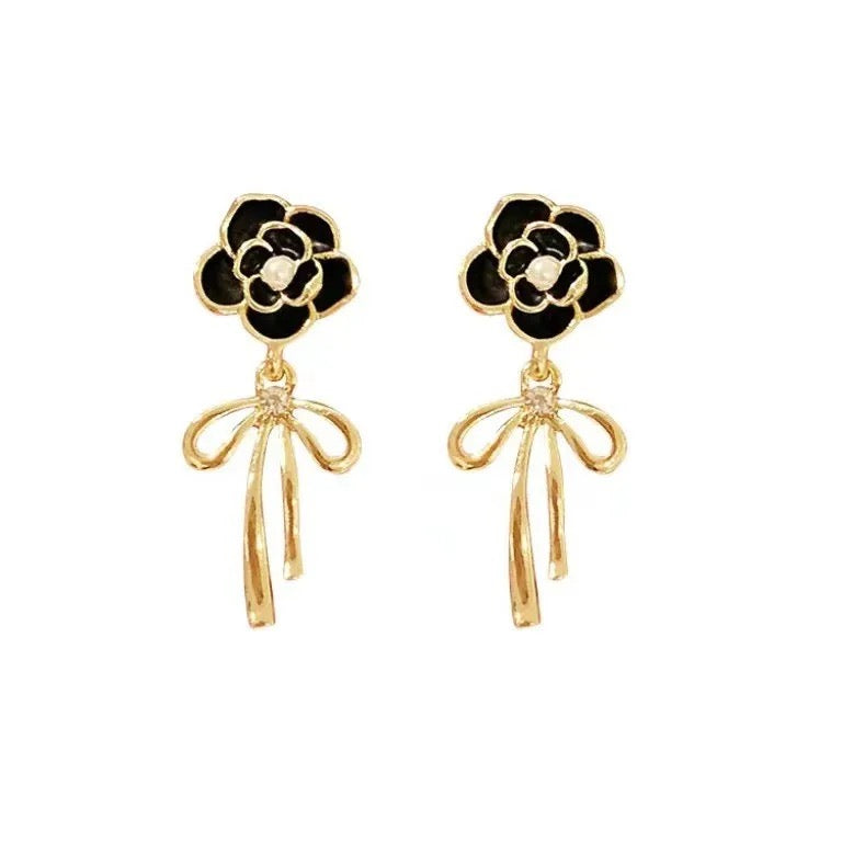 Black Floral Gold Knot Drop Earrings