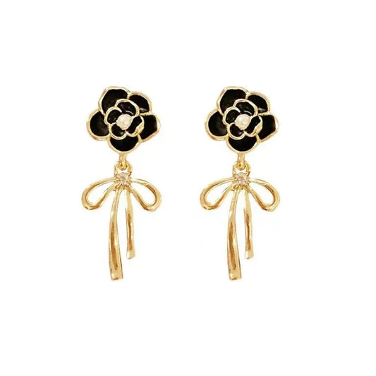 Black Floral Gold Knot Drop Earrings
