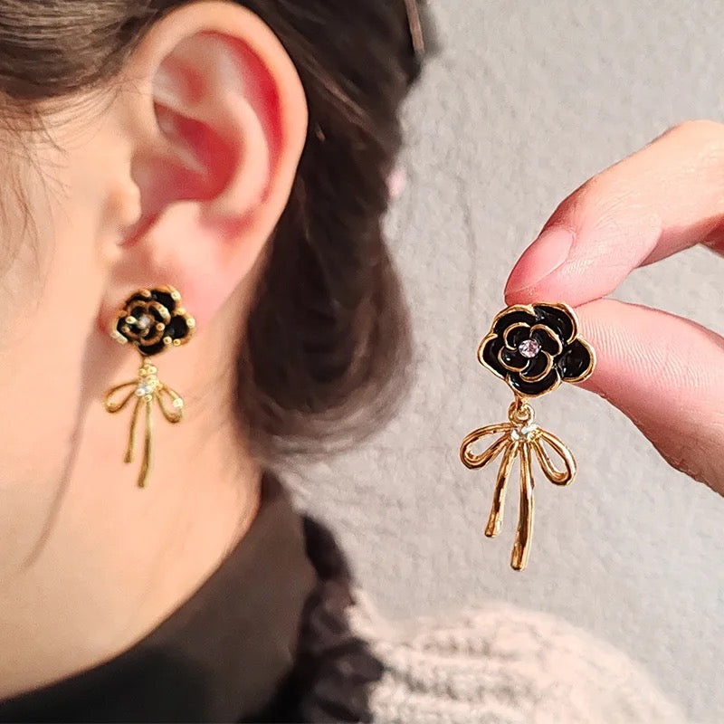 Black Floral Gold Knot Drop Earrings