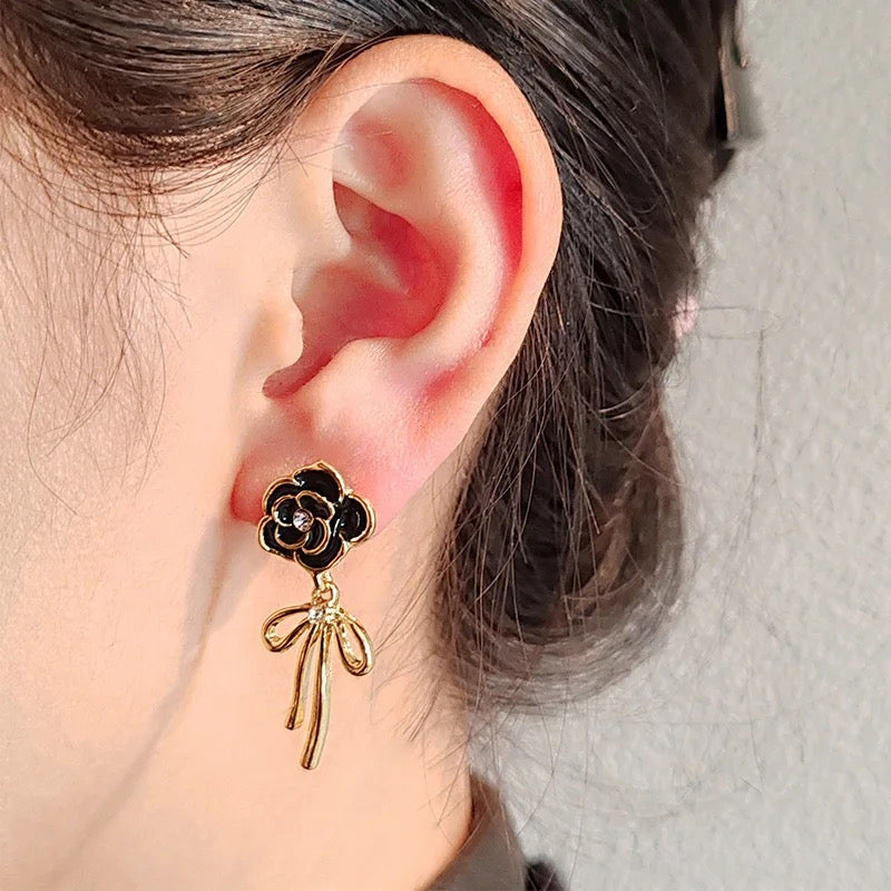 Black Floral Gold Knot Drop Earrings