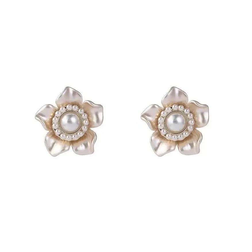 White Pearl Multi Leaves Stud Earrings