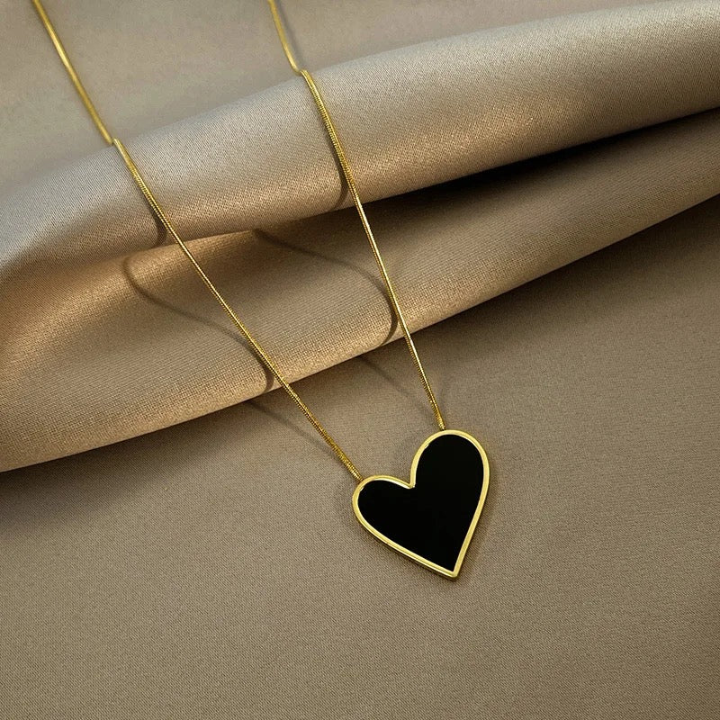 Gold Plated Black Pure Heart Pendant Necklace