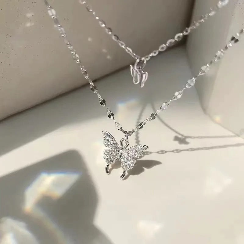 Multi Layer Silver Chain Butterfly Necklace