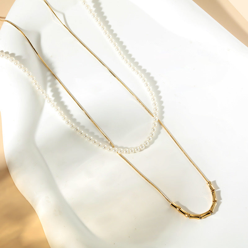 Pearl and Gold Block Chain Fusion Necklace