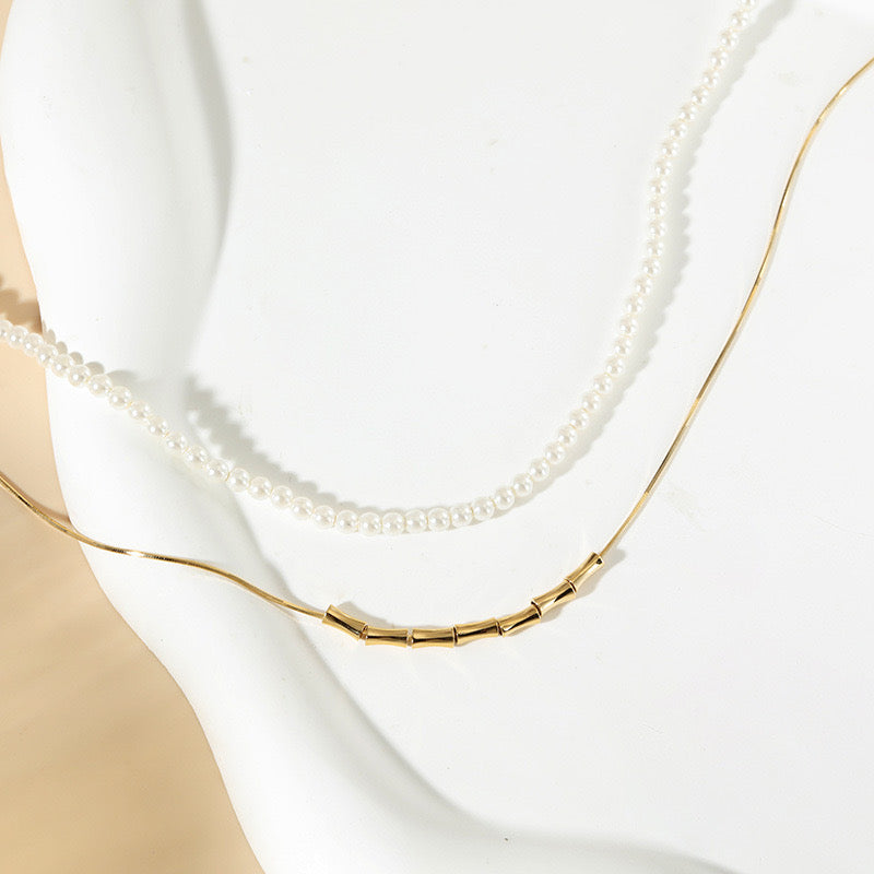 Pearl and Gold Block Chain Fusion Necklace