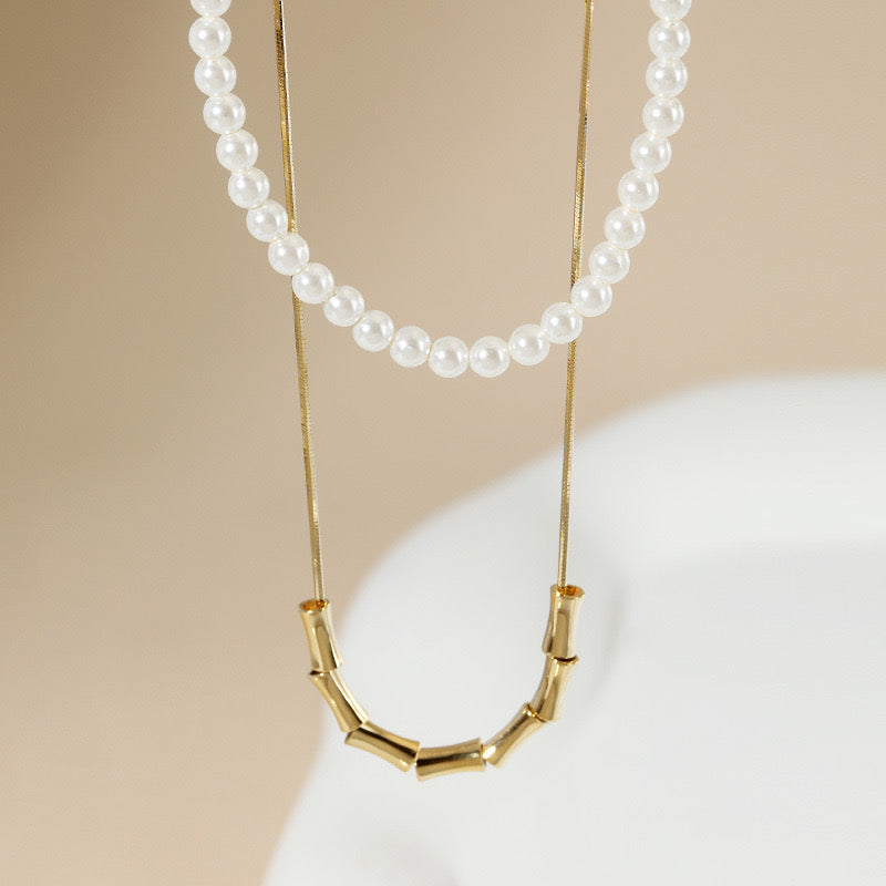 Pearl and Gold Block Chain Fusion Necklace