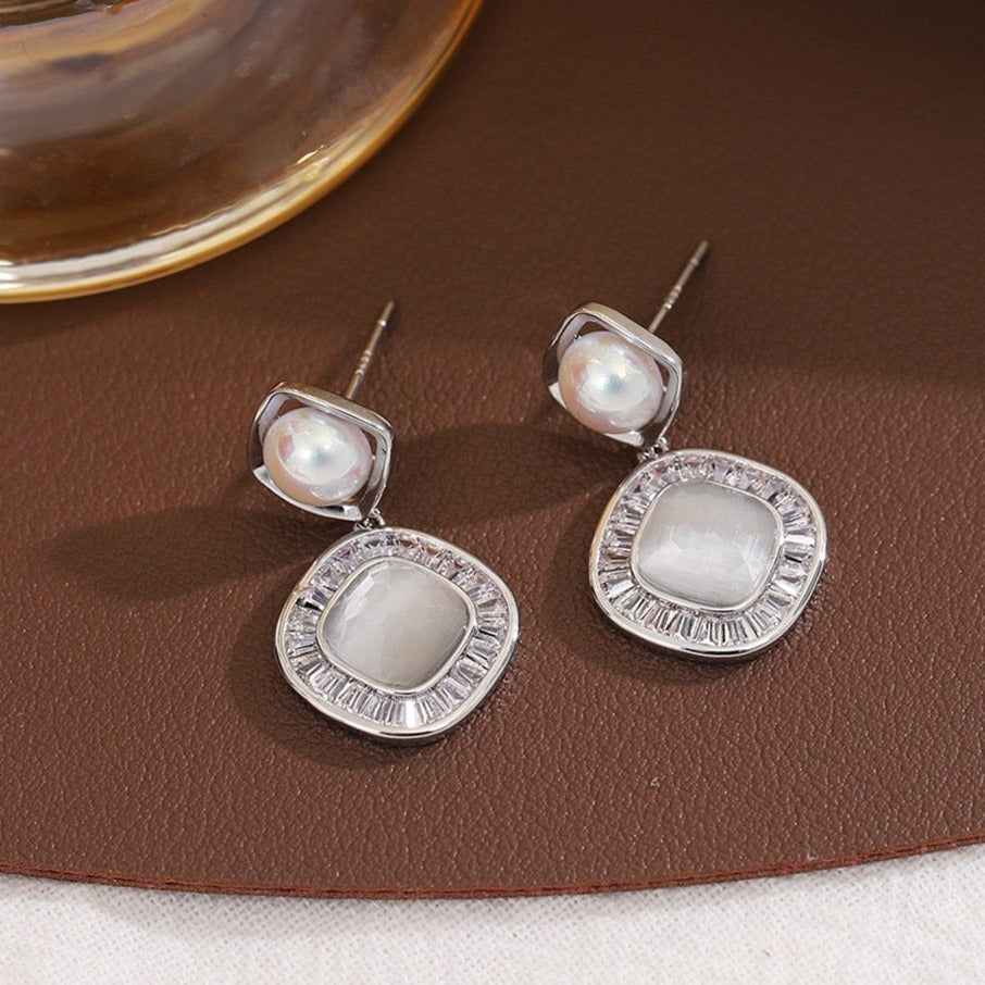 Pearl Stone Zircon Layered Silver Drops
