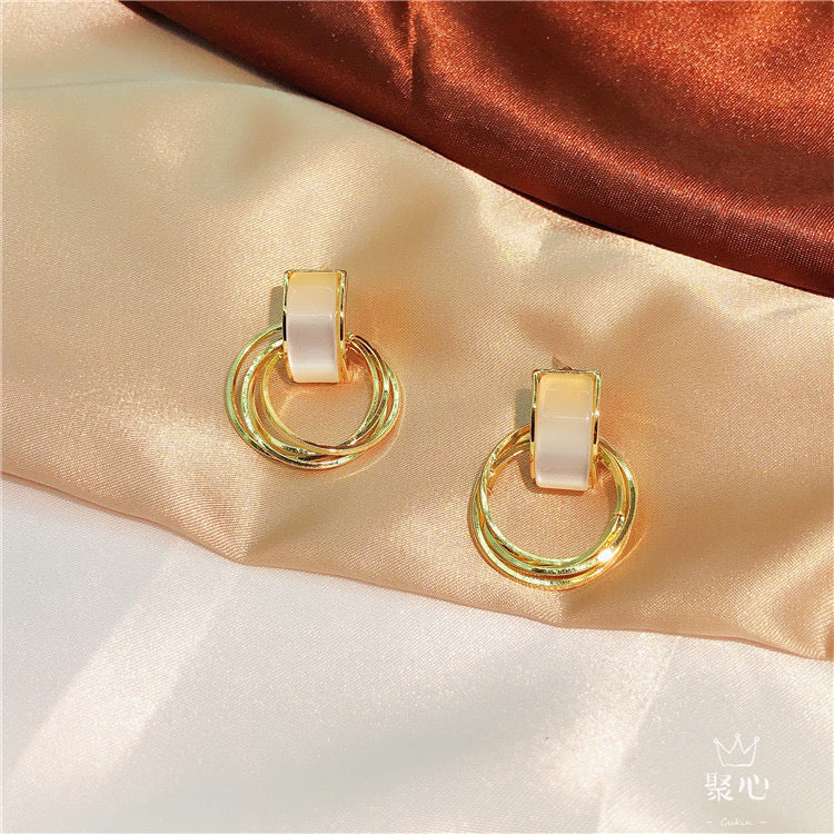 White Stone Open Ring Linked Gold Hoops