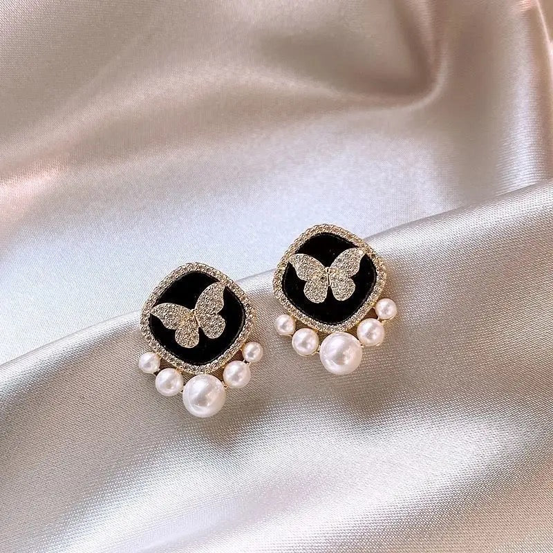 Multi Pearls Butterfly Zirconia Black Stud Earrings
