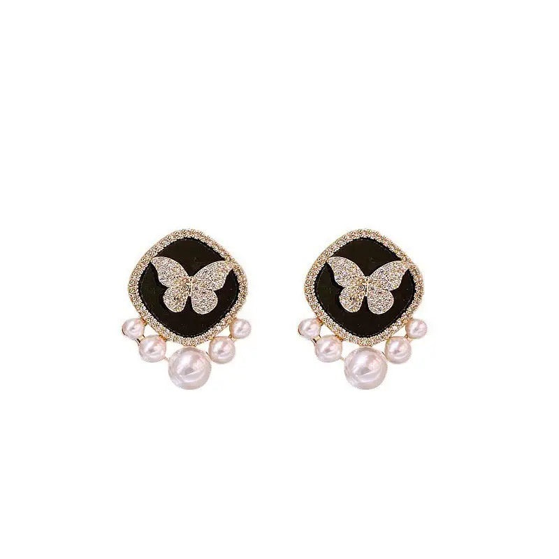 Multi Pearls Butterfly Zirconia Black Stud Earrings