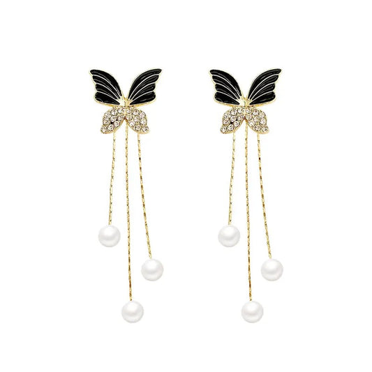 Black Butterfly Pearl Drop Earring