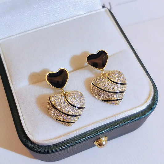 Black Layer Zirconia Hearts Drop Earrings