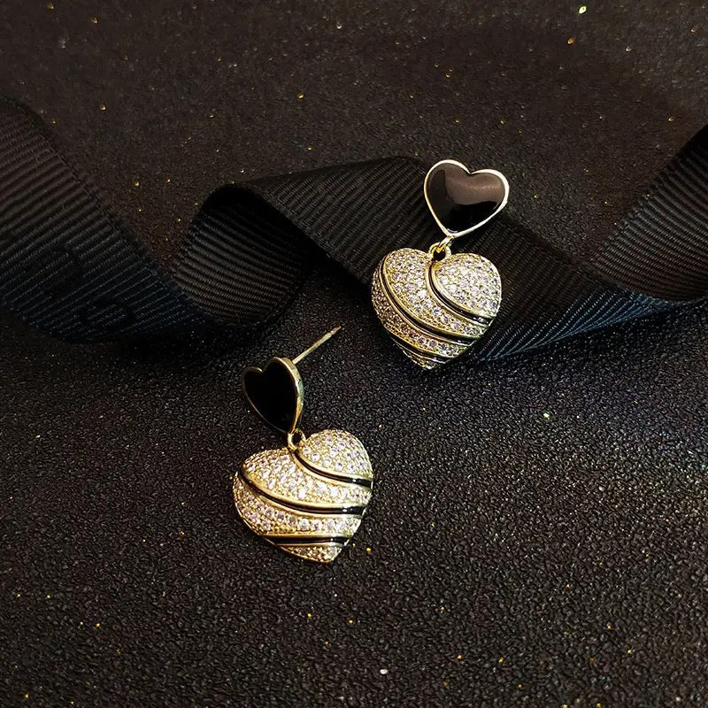 Black Layer Zirconia Hearts Drop Earrings