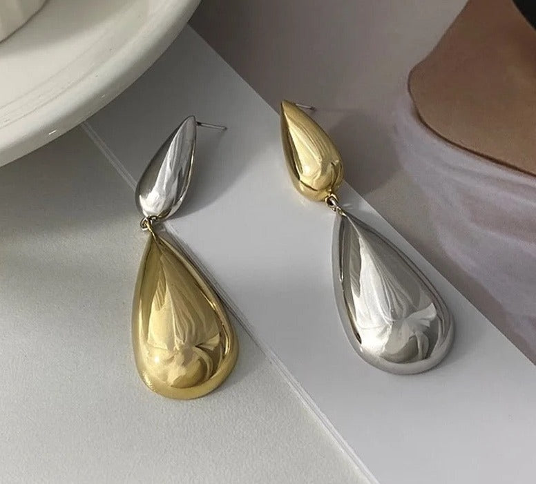 Drop Shaped Gold and Silver Drop Earrings