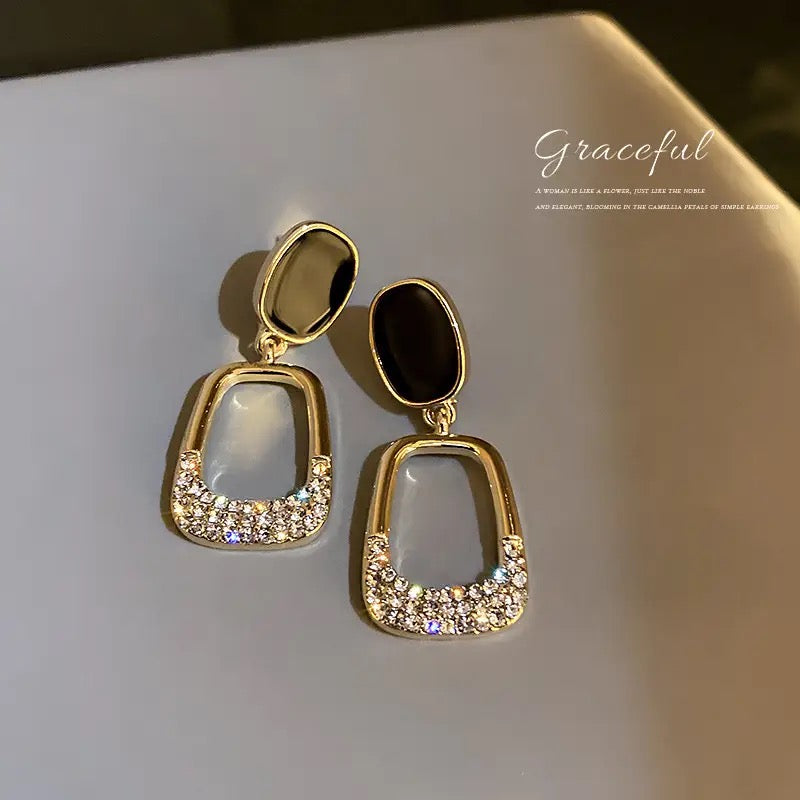 Black Dangle Zircon Rectangle Drop Earrings