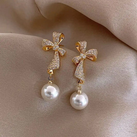 Zirconia Gold Knots White Pearl Drop Earrings