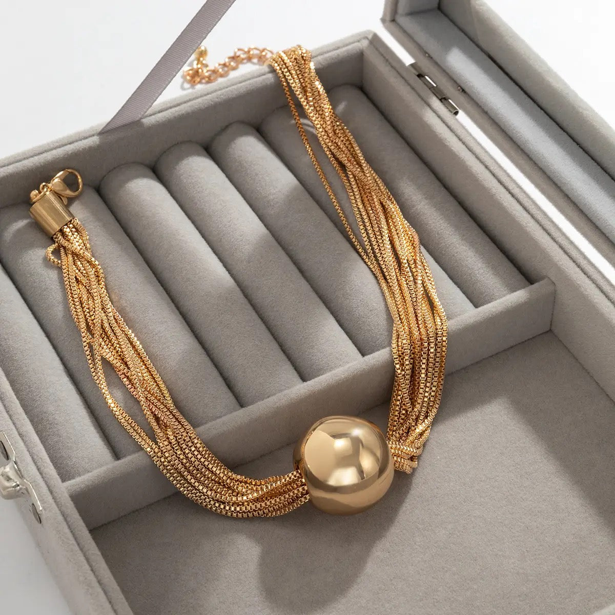 Multi layered ball pendant gold choker necklace