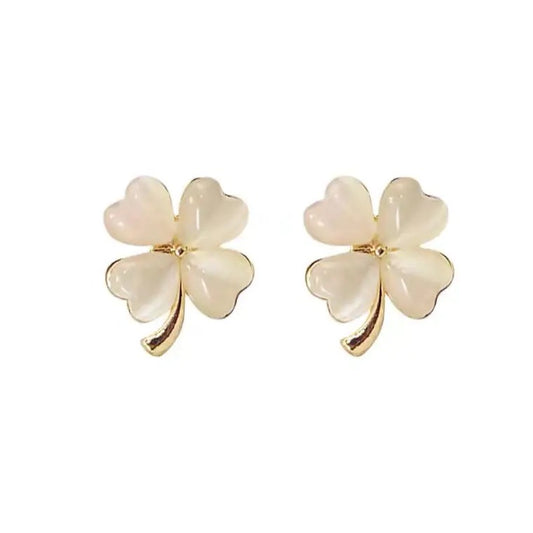 White floral gold stud earrings with 925 sterling silver post