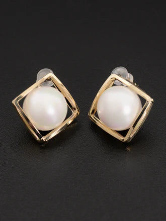 White Pearl Gold Stud Earrings with 925 Sterling Silver Post