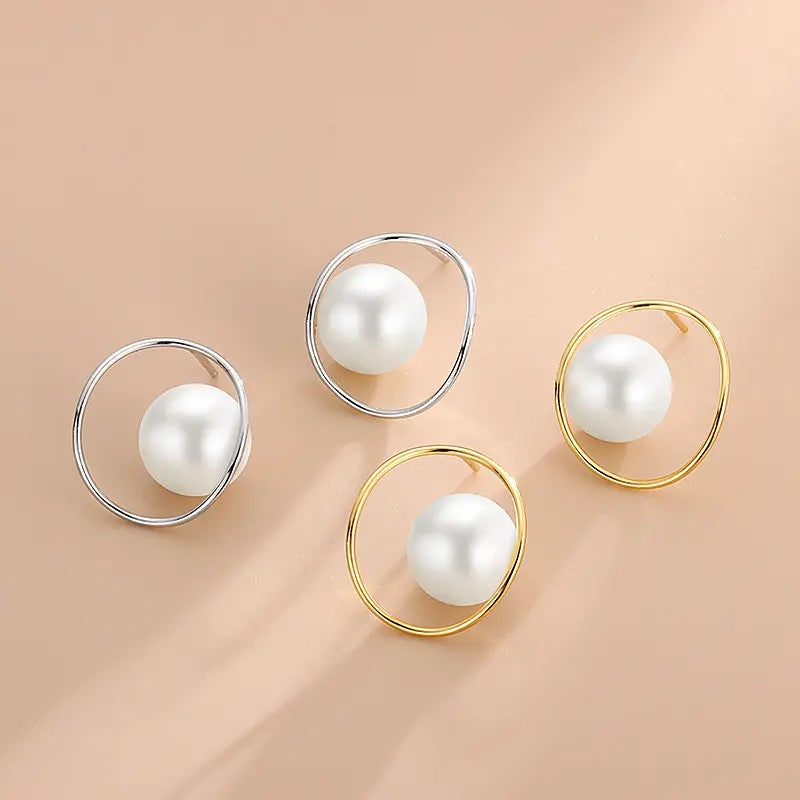 White Pearl Gold Ring Stud Earrings with 925 Sterling Silver Post