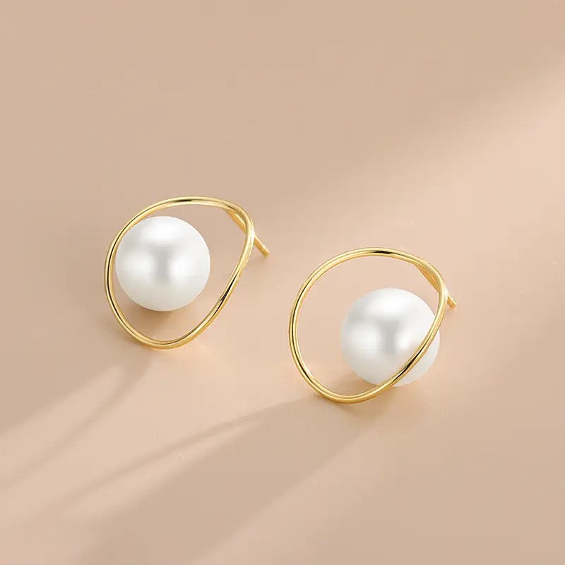 White Pearl Gold Ring Stud Earrings with 925 Sterling Silver Post