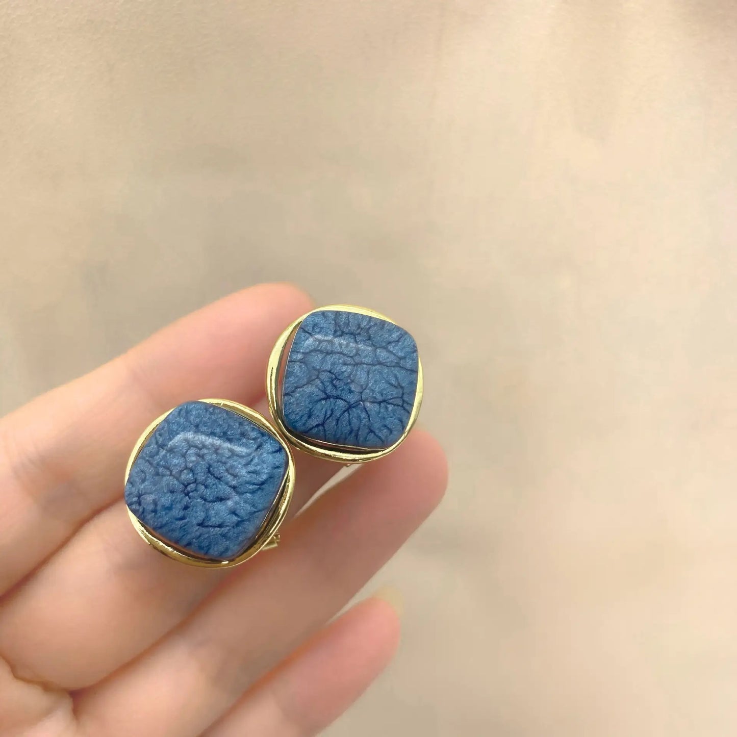 Blue Scratched Pearl Gold Stud Earrings with 925 Sterling Silver Post